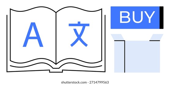 Spracherwerb, Online-Shopping, Globalisierung, digitale Bildung, E-Commerce-Plattformen, Internet-Einkäufe. Öffnen Sie ein Buch mit mehrsprachigen Symbolen neben einem digitalen Buy-Button. Sprachenlernen