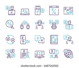 Language learning outline icons set on white background. Foreign language club signs in thin line style. Language courses and online education design elements. Translation agency vector pictograms.