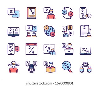 Language learning outline icons set on white background. Foreign language club signs in thin line style. Language courses and online education design elements. Translation agency vector pictograms.