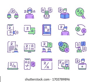 Language learning outline icons set on white background. Foreign language club signs in thin line style. Language courses and online education design elements. Translation agency vector pictograms.