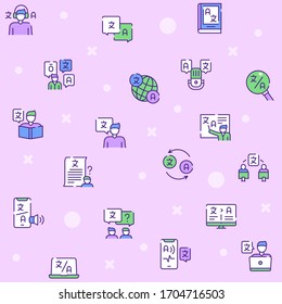Language learning outline icons set on white background. Foreign language club signs in thin line style. Language courses and online education design elements. Translation agency vector pictograms.