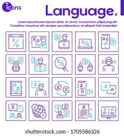 Language learning outline icons set on white background. Foreign language club signs in thin line style. Language courses and online education design elements. Translation agency vector pictograms.