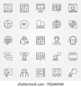 Language learning outline icons. Vector set of learning a foreign language concept signs in thin line style