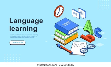 Language learning poster. Stack of books with letters and pencil. Studying foreign language. Examination and test. Education and training. Landing page design. Isometric vector illustration