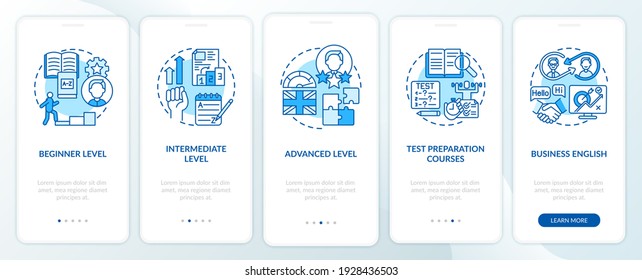 Escenarios de aprendizaje de idiomas a bordo de la pantalla de la aplicación móvil con conceptos. Recorrido básico, intermedio y avanzado 5 pasos de instrucciones gráficas. plantilla de vector de interfaz de usuario con ilustraciones de color RGB