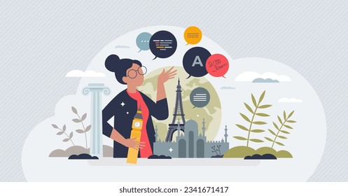 Language learning through immersion, effective education tiny person concept. Foreign language speaking, writing and understanding vector illustration. Study while traveling for bilingual knowledge.