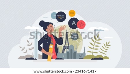 Language learning through immersion, effective education tiny person concept. Foreign language speaking, writing and understanding vector illustration. Study while traveling for bilingual knowledge.