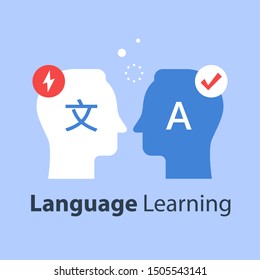 Language learning, translate concept, international communication, linguistics coarse, bilingual tutor, vector flat illustration