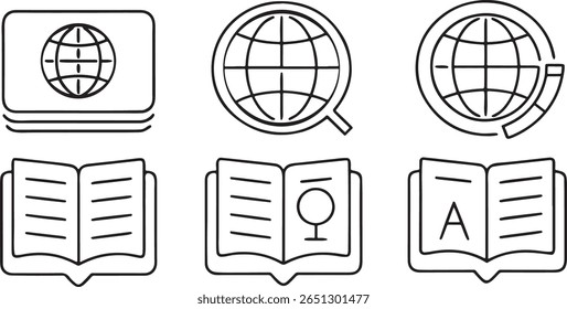 Language Learning And Translation Icons, Globe Translate, Dictionary, Voice Input, Subtitle, Alphabet Arrows, Flat Editable Global Education Design