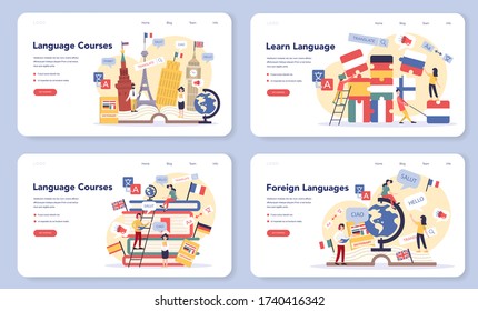 Language learning web banner or landing page set. Study foreign languages with native speaker. Idea of global communication. Studying foreign vocabulary. Vector illustration in cartoon style