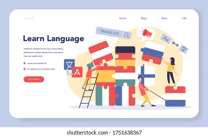 Language learning web banner or landing page. Study foreign languages with native speaker. Idea of global communication. Studying foreign vocabulary. Vector illustration in cartoon style
