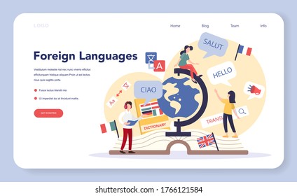 Language learning web banner or landing page. Study foreign languages with native speaker. Idea of global communication. Studying foreign vocabulary. Vector illustration in cartoon style