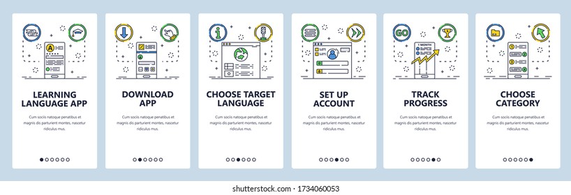 Language learning web site and mobile app onboarding screens. Menu banner vector template for website and application development. Study foreign language with education online technology Thin line art