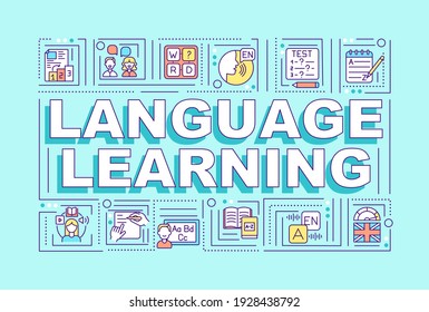 Language learning word concepts banner. Online school lessons for learning new words. Infographics with linear icons on cyan background. Isolated typography. Vector outline RGB color illustration