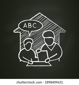 Language lesson chalk icon. Child learns words with dad. Home education concept. Distant remote teaching and homeschooling. Isolated vector illustration on chalkboard