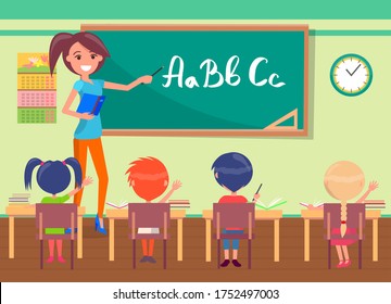 Language lesson in class with teacher and pupils. English letters, alphabet written on blackboard. Girls and boys studying new information. Back to school concept. Flat cartoon vector illustration