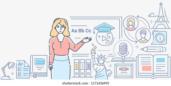 Language lesson - colorful line design style illustration on white background. A composition with a female teacher standing at the board. Images of folders, Statue of Liberty, Eifel tower, certificate