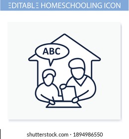 Icono de línea de lección de idioma. Niño aprende las palabras con papá. Concepto de educación en el hogar. La enseñanza a distancia y la escolarización en el hogar. Ilustración vectorial editable