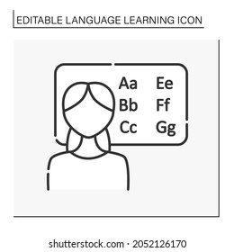  Language lesson line icon. Education at school, college and university.Speaking, grammar, pronunciation and listening. Language learning concept. Isolated vector illustration. Editable stroke