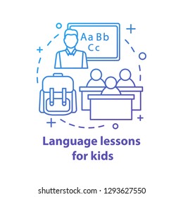 Language lessons for kids concept icon. Elementary language proficiency. Speaking club. Basic communication skills. School class with children. Thin line illustration. Vector isolated outline drawing