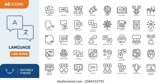 Language line editable icon set. Containing communication, translate, speech, non-verbal, writing, speaking, dictionary, language skills, vocabulary and more. Vector illustration