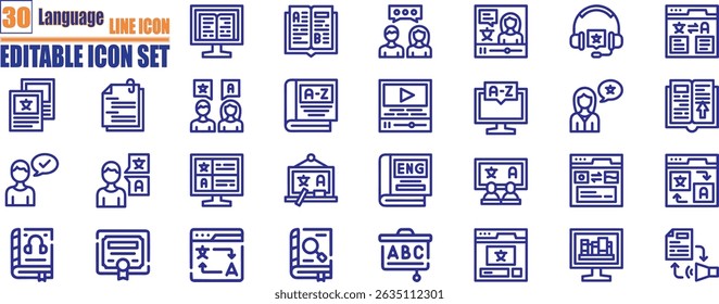 Language line editable icon set. Chat bubbles with language translation icons in different styles. Online multi language translator. Translation app icon. Online Translator.