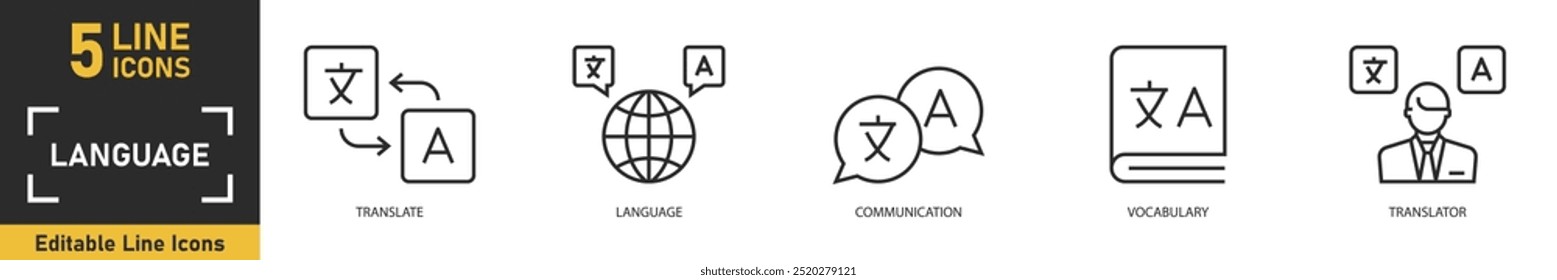 Conjunto de ícones da linha de idioma. Conjunto de 5 ícones de tópicos relacionados a tradução, idioma, comunicação, vocabulário, tradutor e muito mais. Ilustração vetorial.