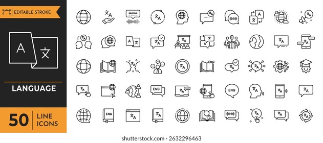 Language line icon set. Contain icons related to International Languages, Translation, Speaking, Writing, Listening, and More. Editable stroke. Vector illustration