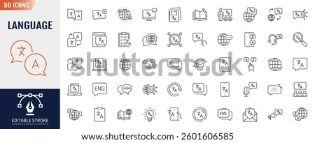 Language line icon set. Editable stroke. Containing as communication, translate, speech, writing, speaking, dictionary, text, vocabulary, and more. icons. Vector illustration