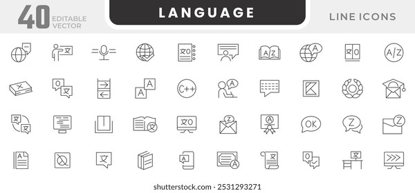 Conjunto de ícones da linha de idioma. Idiomas, tradução, falar, escrever, ouvir, falar, não verbal, escrever, falar, dicionário, conjunto de ícones de linha de texto. Pacote de ícones de linha fina da interface do usuário.