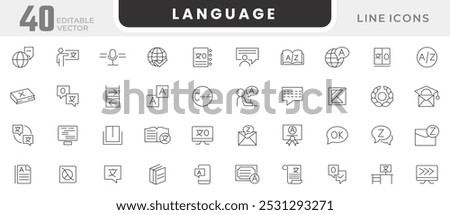 Language line icon set. Languages, translation, speaking, writing, listening, peech, non-verbal, writing, speaking, dictionary, text line icon set. UI thin line icon pack.