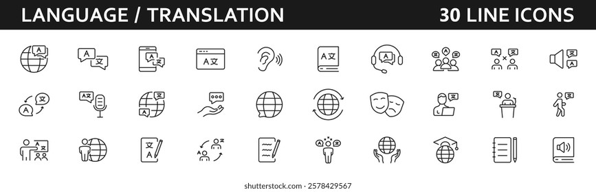 Language line icons set. Language outline icons with editable stroke collection. Includes International Languages, Translation, Speaking, Writing, Listening, and More.