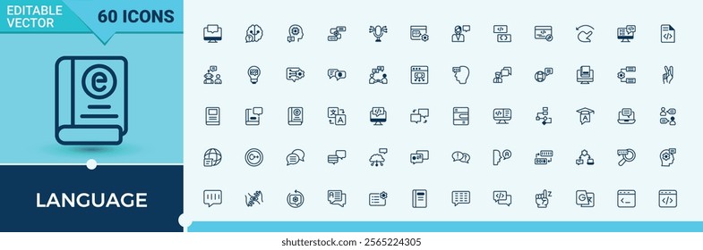 Language lined icons set. Contains related to vocabulary, ai, text, person and more. Perfect for logos and infographics. Vector outline and solid icons collection.