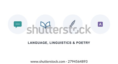Language, linguistics and poetry concept. contains message, open book, feather pen and capital letter icons. outline vector sign.