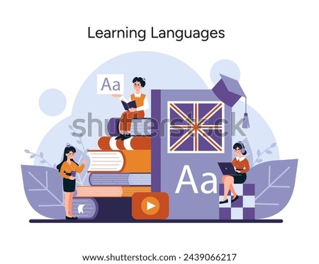 Language Mastery concept. Enthusiastic learners delve into linguistics with books and digital aids, showcasing the joy of learning new languages. Vector illustration