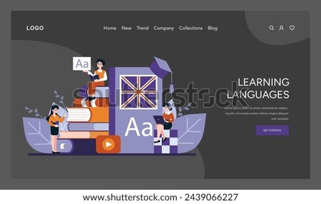 Language Mastery concept. Enthusiastic learners delve into linguistics with books and digital aids, showcasing the joy of learning new languages. Vector illustration
