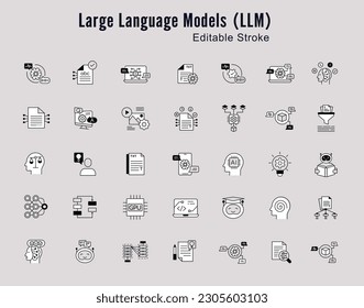 Language Model Concepts Line Icon Set: AI, NLP, Machine Learning. Editable Stroke Icons.