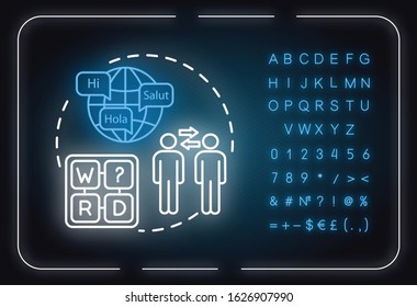 Language neon light concept icon. Knowledge of foreign speak talk idea thin line illustrationidea. Outer glowing sign with alphabet, numbers and symbols. Vector isolated RGB color illustration