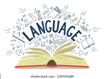 Language. Open book with language hand drawn doodles and lettering on white background. Education vector illustration