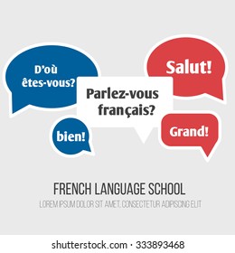 Language poster, banner with circle and rectangle shape made of speech bubbles. Inscriptions "Hello", "Where are you from?", "Do you speak French", "Great!", "Cool!" in French language.