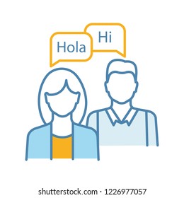 Language practice color icon. Interpretation and translation. Practical language dialog. Basic communication skills. Speaking club. Working in pair. Isolated vector illustration