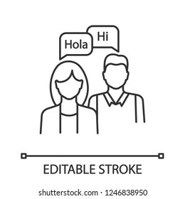 Language practice linear icon. Interpretation and translation. Thin line illustration. Practical language dialog. Basic communication skills. Speaking club. Vector isolated drawing. Editable stroke