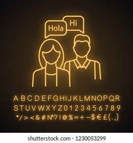 Language practice neon light icon. Interpretation and translation. Practical language dialog. Basic communication skills. Speaking club. Glowing alphabet, numbers. Vector isolated illustration