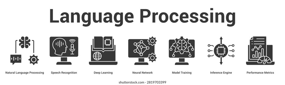 Language Processing web banner icon vector illustration concept for business with icon of Natural Language Processing, Speech Recognition, Deep Learning, Neural Network, Model Training, Inference.