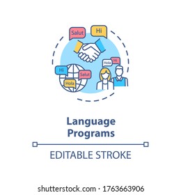 Language programs concept icon. Native speaker lesson. Multilingual society. Linguistics university department idea thin line illustration. Vector isolated outline RGB color drawing. Editable stroke