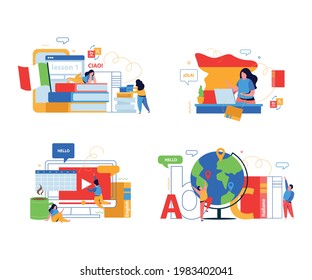 Language school 2x2 design concept set of flat compositions with people studying online vector illustration