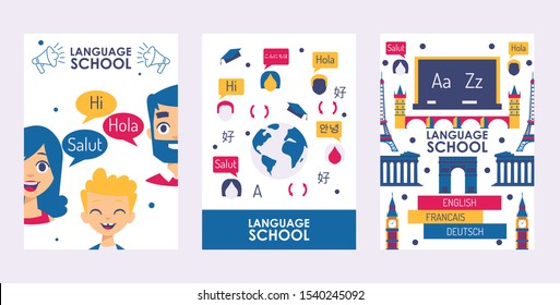 Language School Banner, Vector Illustration. Education Course Book Cover, International Speaking Class Advertisement Flyer. Learn Foreign Language With Modern Exercise Book For The Whole Family