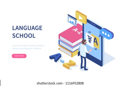 Language school concept banner with character. Can use for web banner, infographics, hero images. Flat isometric vector illustration isolated on white background.