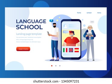 Language school concept banner with character, e-learning. Can use for web banner, infographics, hero images. Flat isometric vector illustration isolated on white background. Character design.