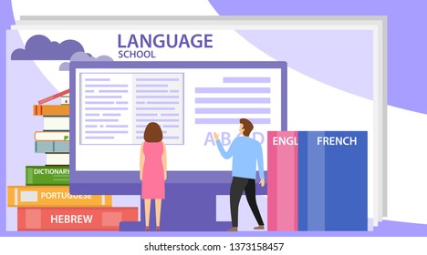 Language school concept banner with character. Perfect for advertising, poster, banner. Also can be used for language courses and school. Language school training program.
